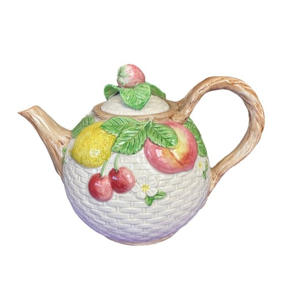 Fitz Floyd Fruit Teapot Basket Weave 42 oz Vintage 1990 Cottagecore Farm MCM - Picture 1 of 5